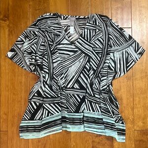 Chico's Black White Mint Green Geometric Short Sleeve Poncho Blouse Size L/XL